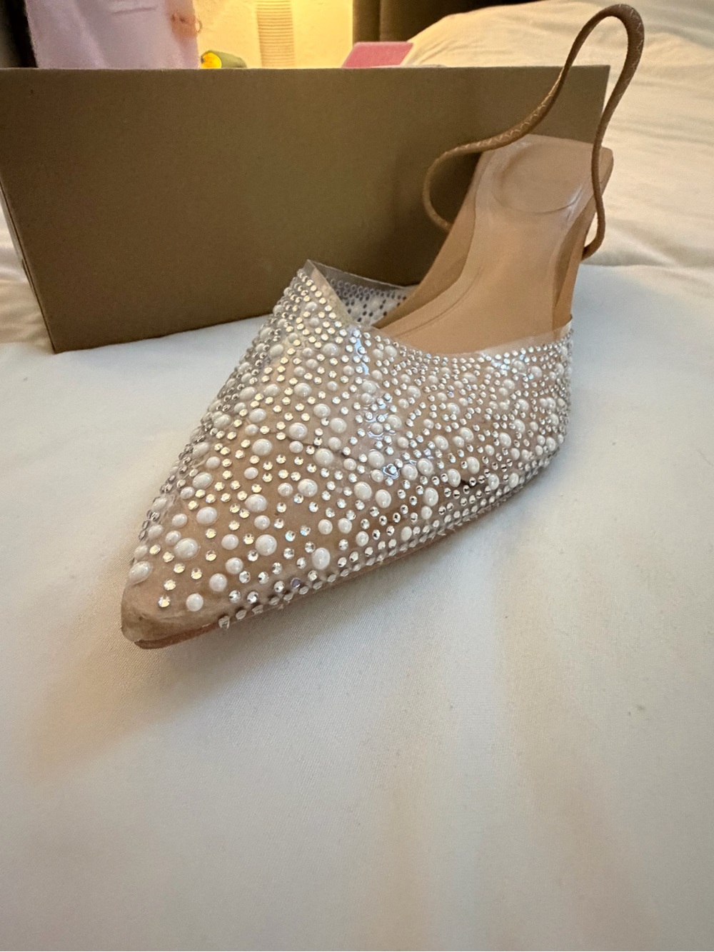 Amazon Pearl and Crystal Embellished Pointed Slingback Flats in Beige